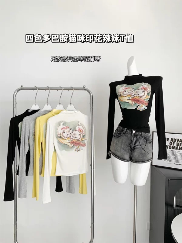 Y2K Aesthetic Graphic Crop Top - Autumn Women's Gyaru Cute Core 2000s Long Sleeve Turtleneck