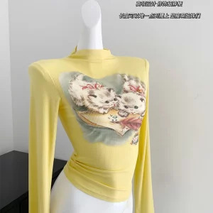 Y2K Aesthetic Graphic Crop Top - Autumn Women's Gyaru Cute Core 2000s Long Sleeve Turtleneck