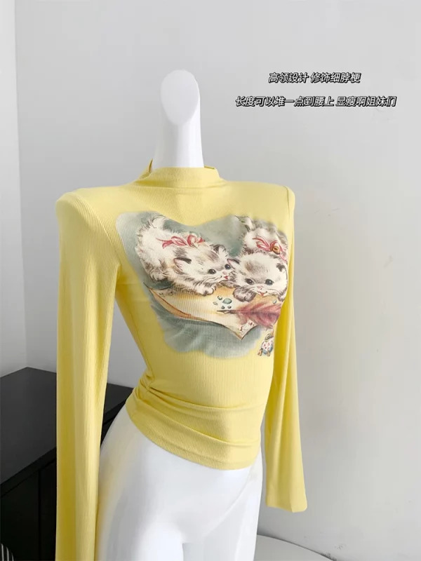 Y2K Aesthetic Graphic Crop Top - Autumn Women's Gyaru Cute Core 2000s Long Sleeve Turtleneck