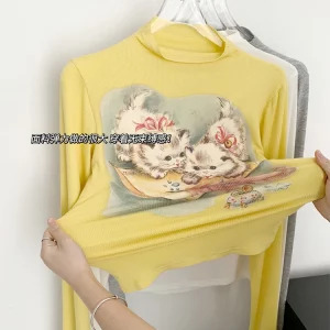 Y2K Aesthetic Graphic Crop Top - Autumn Women's Gyaru Cute Core 2000s Long Sleeve Turtleneck