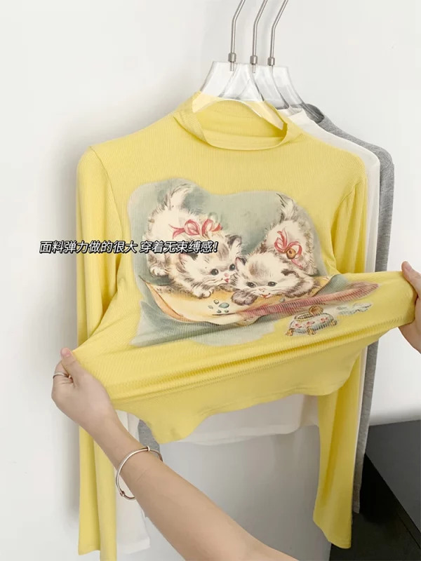 Y2K Aesthetic Graphic Crop Top - Autumn Women's Gyaru Cute Core 2000s Long Sleeve Turtleneck