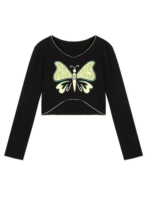 Y2K Aesthetic Graphic Long Sleeve Crop Top - Harajuku Fashion for Women