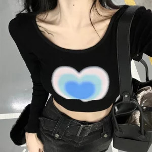 Y2K Aesthetic Graphic O-Neck Crop Top - Stylish Long Sleeve T-Shirt for Women - Retro 90