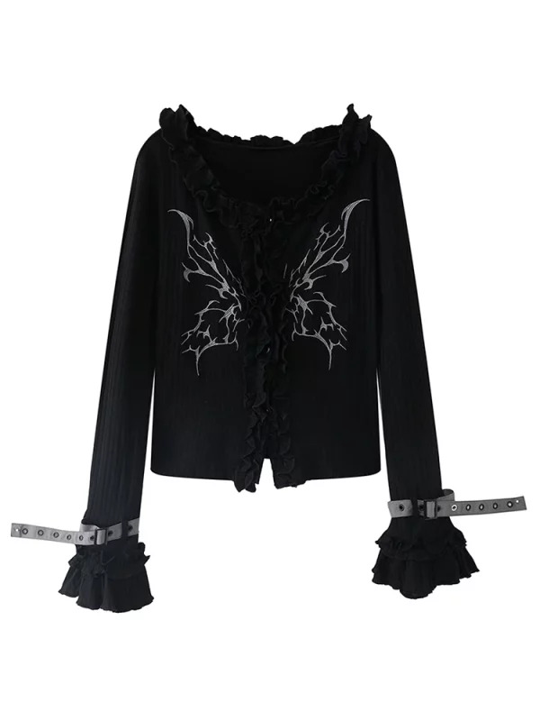 Y2K Aesthetic Grunge Cardigan: Harajuku Gothic Knit Top with Designer Embroidery