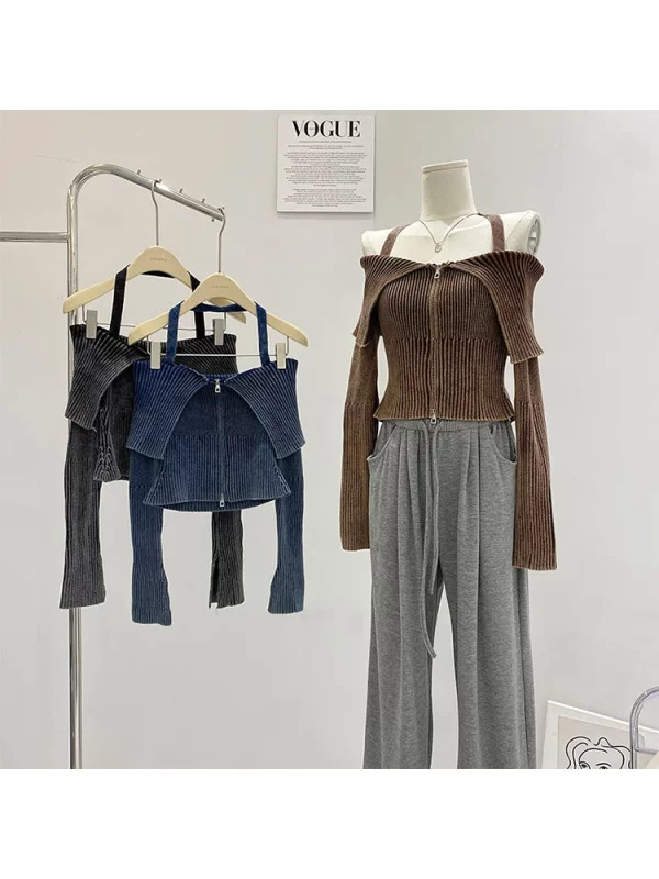 Y2K Aesthetic Halter Top - Korean Fashion Design - Coquette Solid Color - Full Zip Crop Top - Cute Tide