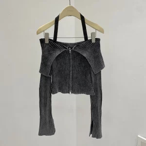 Y2K Aesthetic Halter Top - Korean Fashion Design - Coquette Solid Color - Full Zip Crop Top - Cute Tide