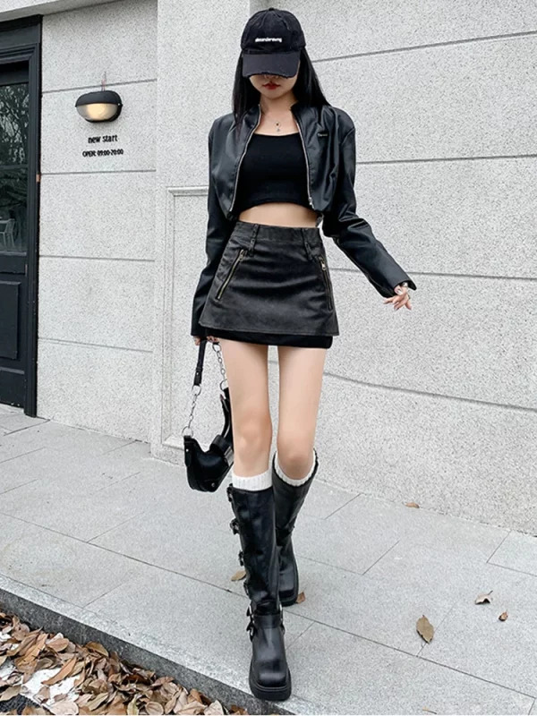 Y2K Aesthetic High Waist Faux Leather A-line Mini Skirt - Dark Academia Streetwear