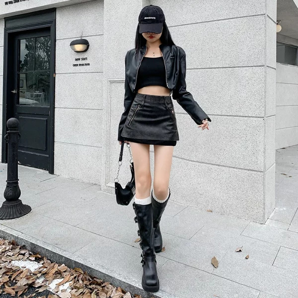 Y2K Aesthetic High Waist Faux Leather A-line Mini Skirt - Dark Academia Streetwear