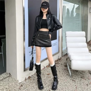 Y2K Aesthetic High Waist Faux Leather A-line Mini Skirt - Dark Academia Streetwear