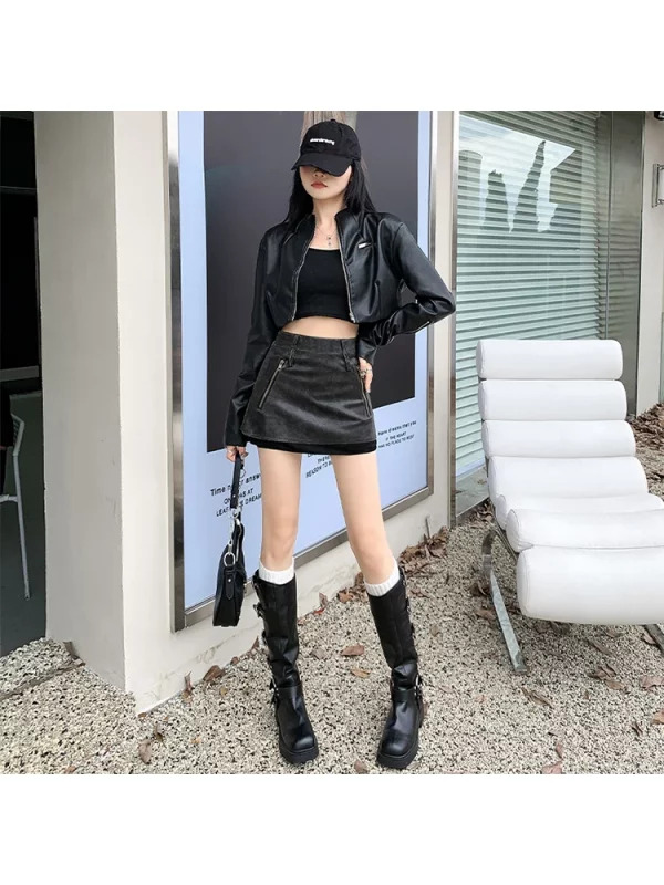 Y2K Aesthetic High Waist Faux Leather A-line Mini Skirt - Dark Academia Streetwear