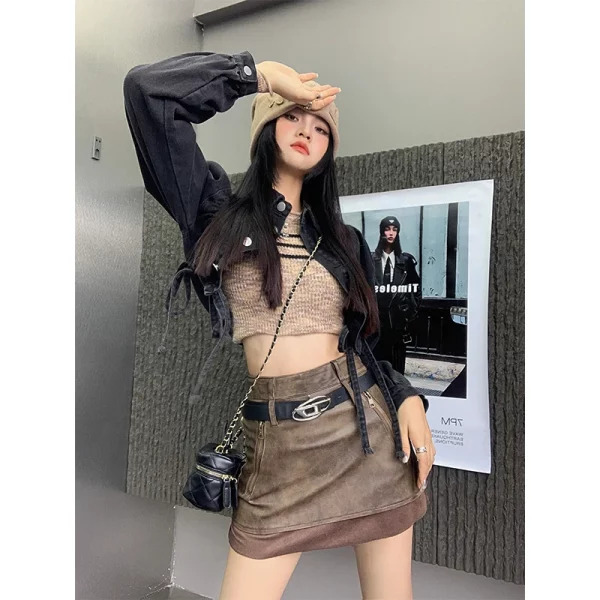 Y2K Aesthetic High Waist Faux Leather A-line Mini Skirt - Dark Academia Streetwear