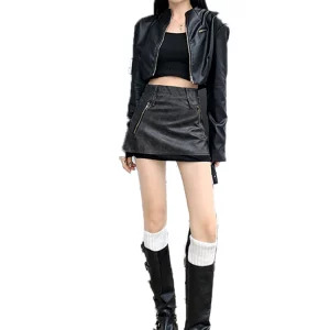 Y2K Aesthetic High Waist Faux Leather A-line Mini Skirt - Dark Academia Streetwear