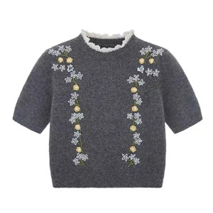 Y2K Aesthetic Jacquard Crop Sweater with Embroidery - Vintage Korean Fashion