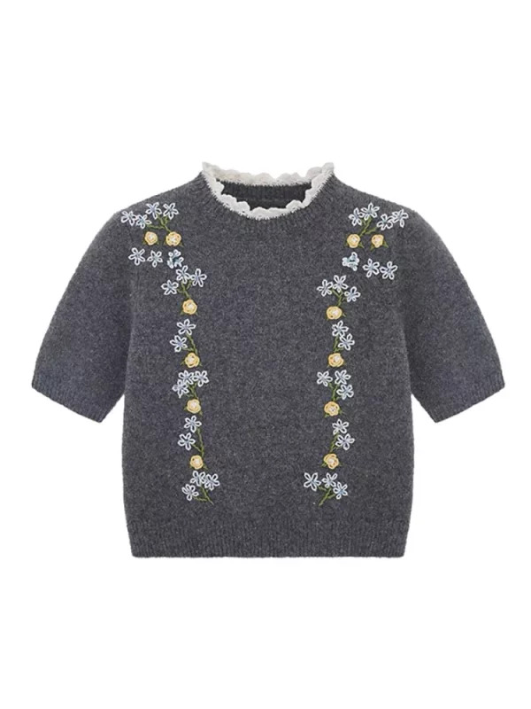 Y2K Aesthetic Jacquard Crop Sweater with Embroidery - Vintage Korean Fashion