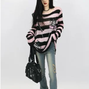 Y2K Aesthetic Japanese Harajuku Fashion Baddie Striped Jumper Oversize Ripped Knitwears