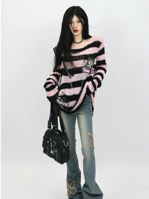 Y2K Aesthetic Japanese Harajuku Fashion Baddie Striped Jumper Oversize Ripped Knitwears