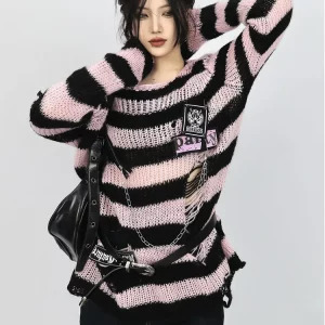 Y2K Aesthetic Japanese Harajuku Fashion Baddie Striped Jumper Oversize Ripped Knitwears