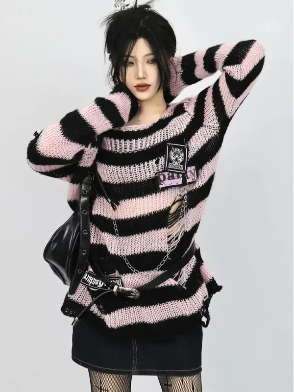 Y2K Aesthetic Japanese Harajuku Fashion Baddie Striped Jumper Oversize Ripped Knitwears