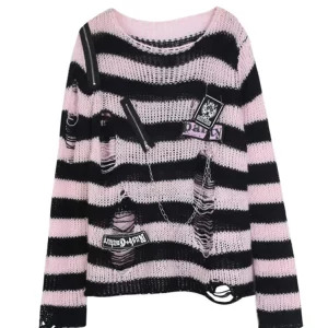 Y2K Aesthetic Japanese Harajuku Fashion Baddie Striped Jumper Oversize Ripped Knitwears