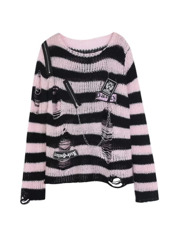 Y2K Aesthetic Japanese Harajuku Fashion Baddie Striped Jumper Oversize Ripped Knitwears