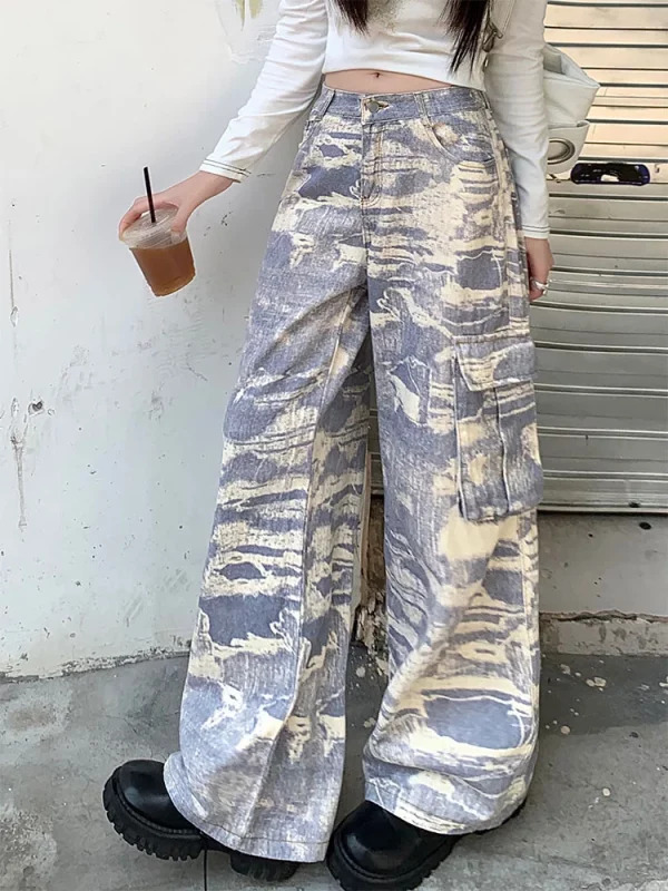 Y2K Aesthetic Japanese Harajuku Tie Dye Cargo Denim Pants