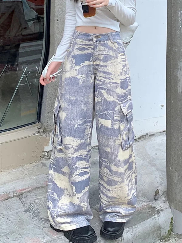 Y2K Aesthetic Japanese Harajuku Tie Dye Cargo Denim Pants