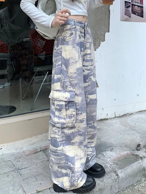 Y2K Aesthetic Japanese Harajuku Tie Dye Cargo Denim Pants