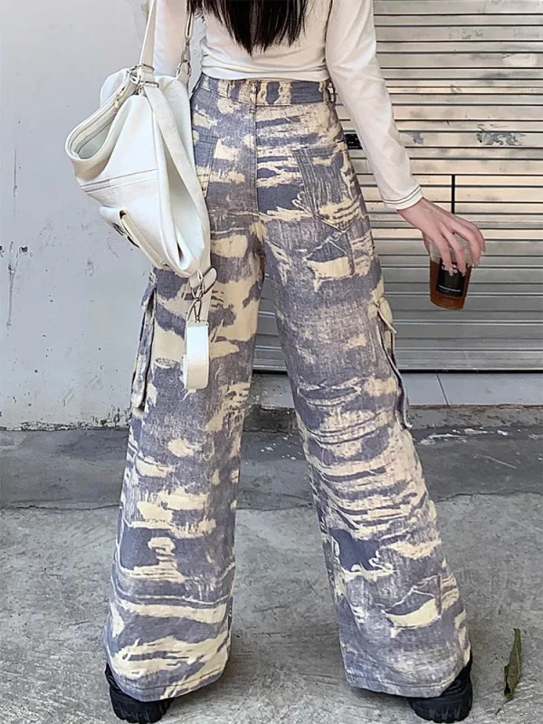 Y2K Aesthetic Japanese Harajuku Tie Dye Cargo Denim Pants