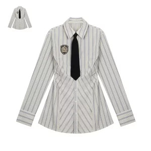 Y2K Aesthetic Japanese Preppy Style Mini Tunic Dress with Long Sleeves and Tie