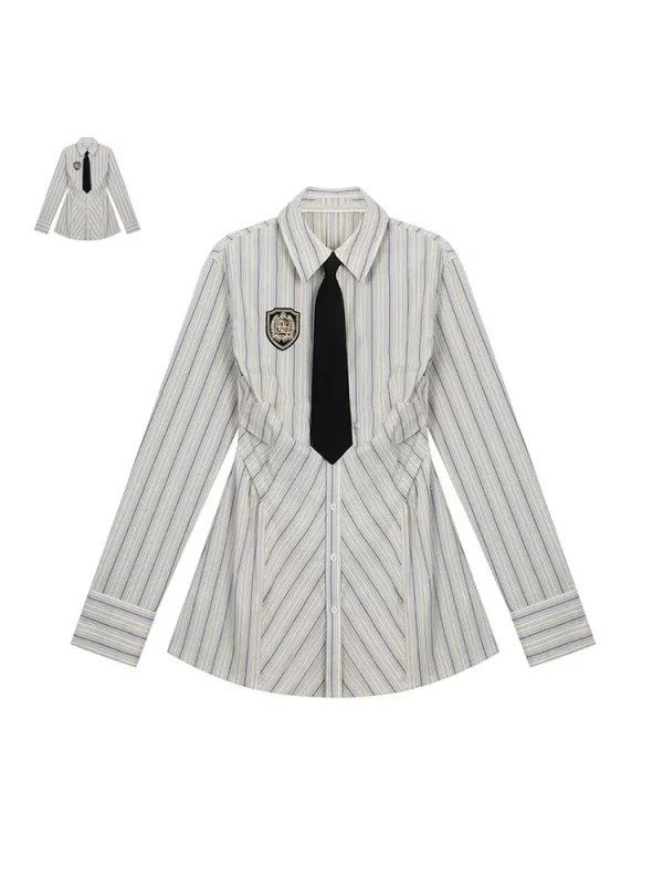 Y2K Aesthetic Japanese Preppy Style Mini Tunic Dress with Long Sleeves and Tie