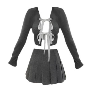 Y2K Aesthetic Knit Rave Outfit: Long Sleeve Lace-Up Cardigan + Mini Pleated Skirt