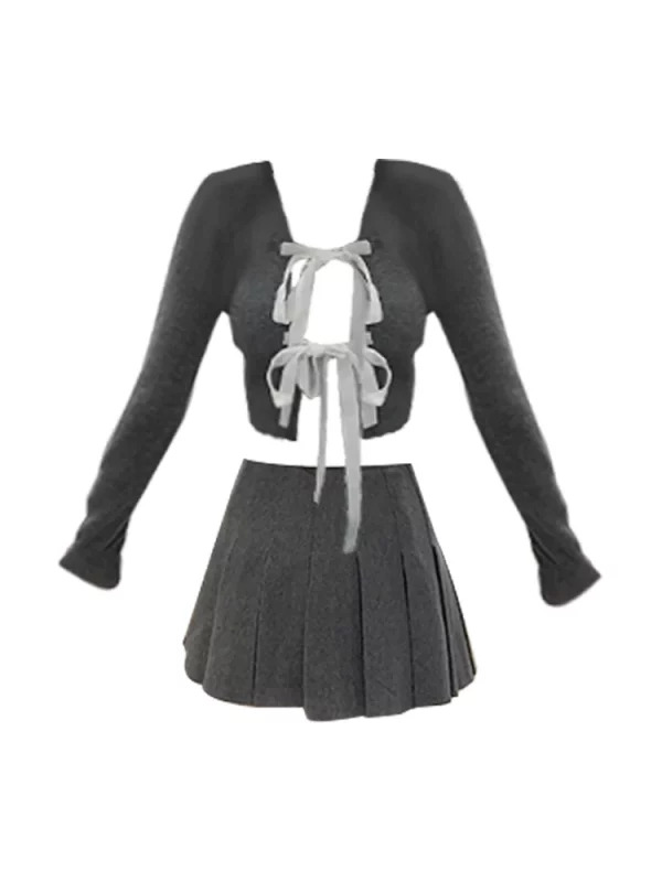 Y2K Aesthetic Knit Rave Outfit: Long Sleeve Lace-Up Cardigan + Mini Pleated Skirt