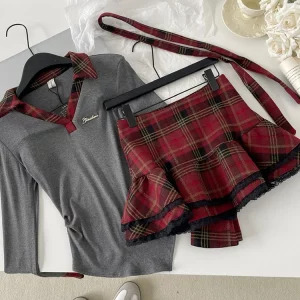 Y2K Aesthetic Korean Fashion 2-Piece Set: Vintage V-Neck Top + Plaid Ruffle Sk