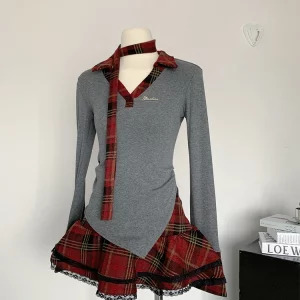 Y2K Aesthetic Korean Fashion 2-Piece Set: Vintage V-Neck Top + Plaid Ruffle Sk