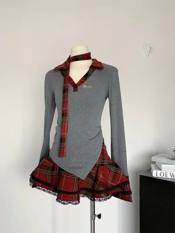 Y2K Aesthetic Korean Fashion 2-Piece Set: Vintage V-Neck Top + Plaid Ruffle Sk