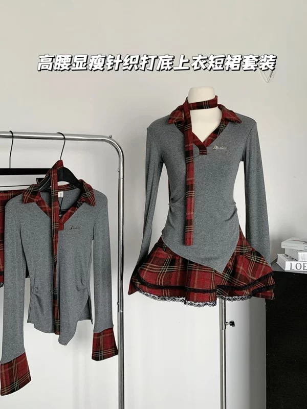 Y2K Aesthetic Korean Fashion 2-Piece Set: Vintage V-Neck Top + Plaid Ruffle Sk