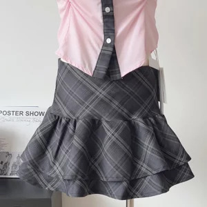 Y2K Aesthetic Korean Preppy Style 2-Piece Set: Short Sleeve Blouse + A-line Mini Plaid