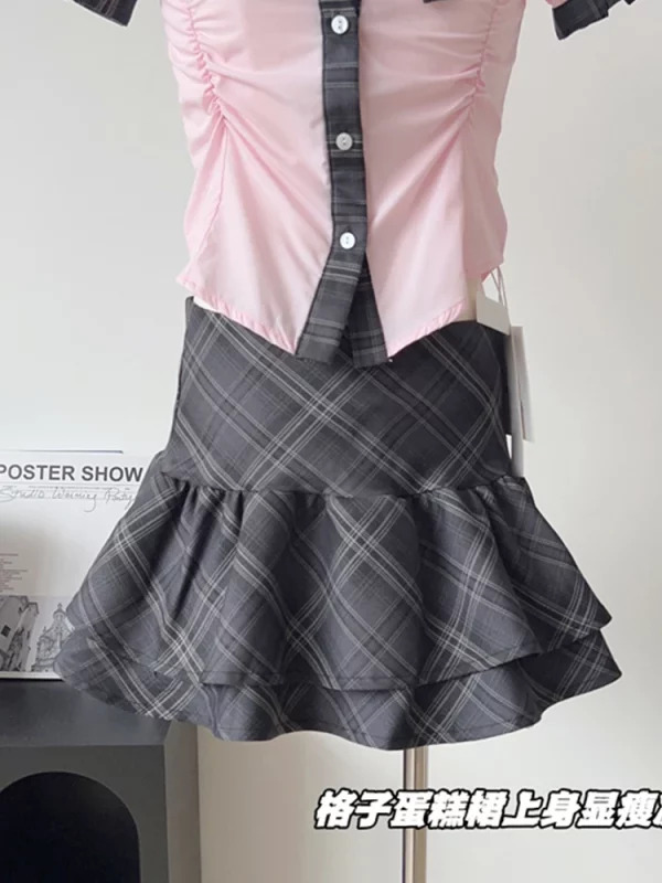 Y2K Aesthetic Korean Preppy Style 2-Piece Set: Short Sleeve Blouse + A-line Mini Plaid