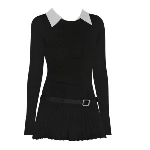 Y2K Aesthetic Korean Preppy Style Black Shirt Dress with Belt - Mini Fake Two-Piece Long Sleeve Outfit for