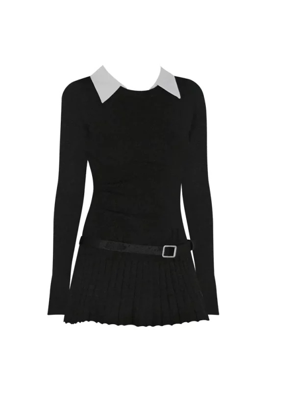 Y2K Aesthetic Korean Preppy Style Black Shirt Dress with Belt - Mini Fake Two-Piece Long Sleeve Outfit for