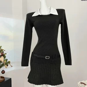 Y2K Aesthetic Korean Preppy Style Black Shirt Dress with Belt - Mini Fake Two-Piece Long Sleeve Outfit for