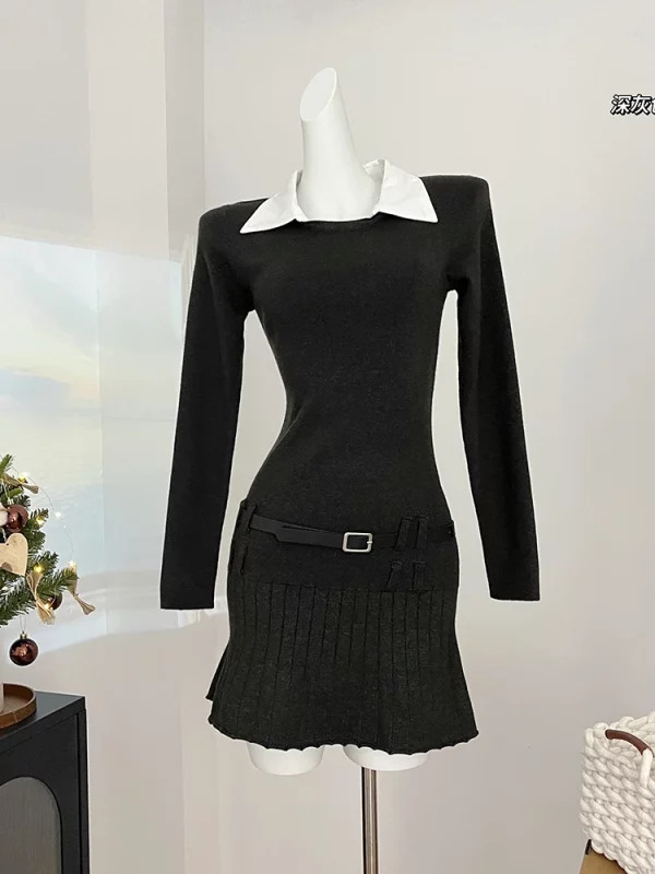 Y2K Aesthetic Korean Preppy Style Black Shirt Dress with Belt - Mini Fake Two-Piece Long Sleeve Outfit for