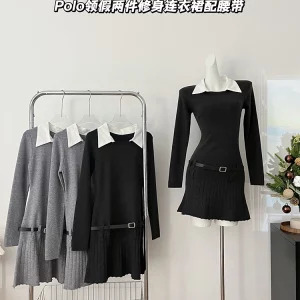 Y2K Aesthetic Korean Preppy Style Black Shirt Dress with Belt - Mini Fake Two-Piece Long Sleeve Outfit for