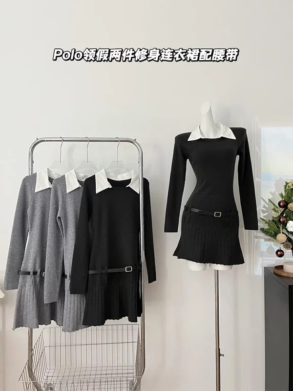 Y2K Aesthetic Korean Preppy Style Black Shirt Dress with Belt - Mini Fake Two-Piece Long Sleeve Outfit for