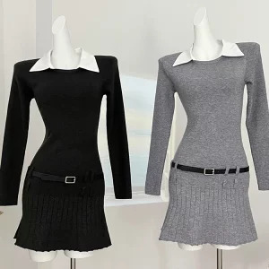 Y2K Aesthetic Korean Preppy Style Black Shirt Dress with Belt - Mini Fake Two-Piece Long Sleeve Outfit for