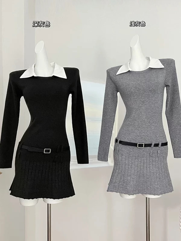 Y2K Aesthetic Korean Preppy Style Black Shirt Dress with Belt - Mini Fake Two-Piece Long Sleeve Outfit for