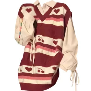 Y2K Aesthetic Lace-Up Blouse with Striped Sweater Vest - Korean Vintage Style