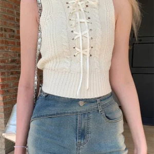 Y2K Aesthetic Lace-Up Knit Crop Top - Korean Fashion Summer Sleeveless Vest