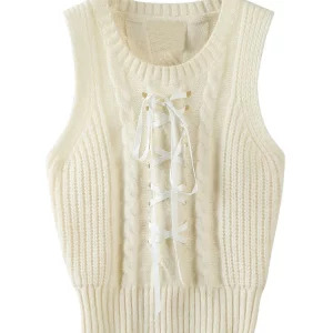 Y2K Aesthetic Lace-Up Knit Crop Top - Korean Fashion Summer Sleeveless Vest