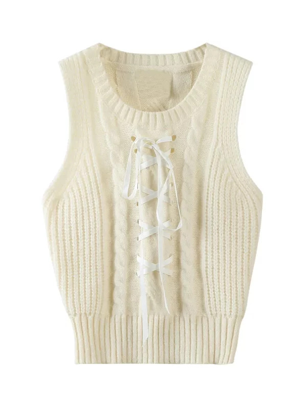 Y2K Aesthetic Lace-Up Knit Crop Top - Korean Fashion Summer Sleeveless Vest